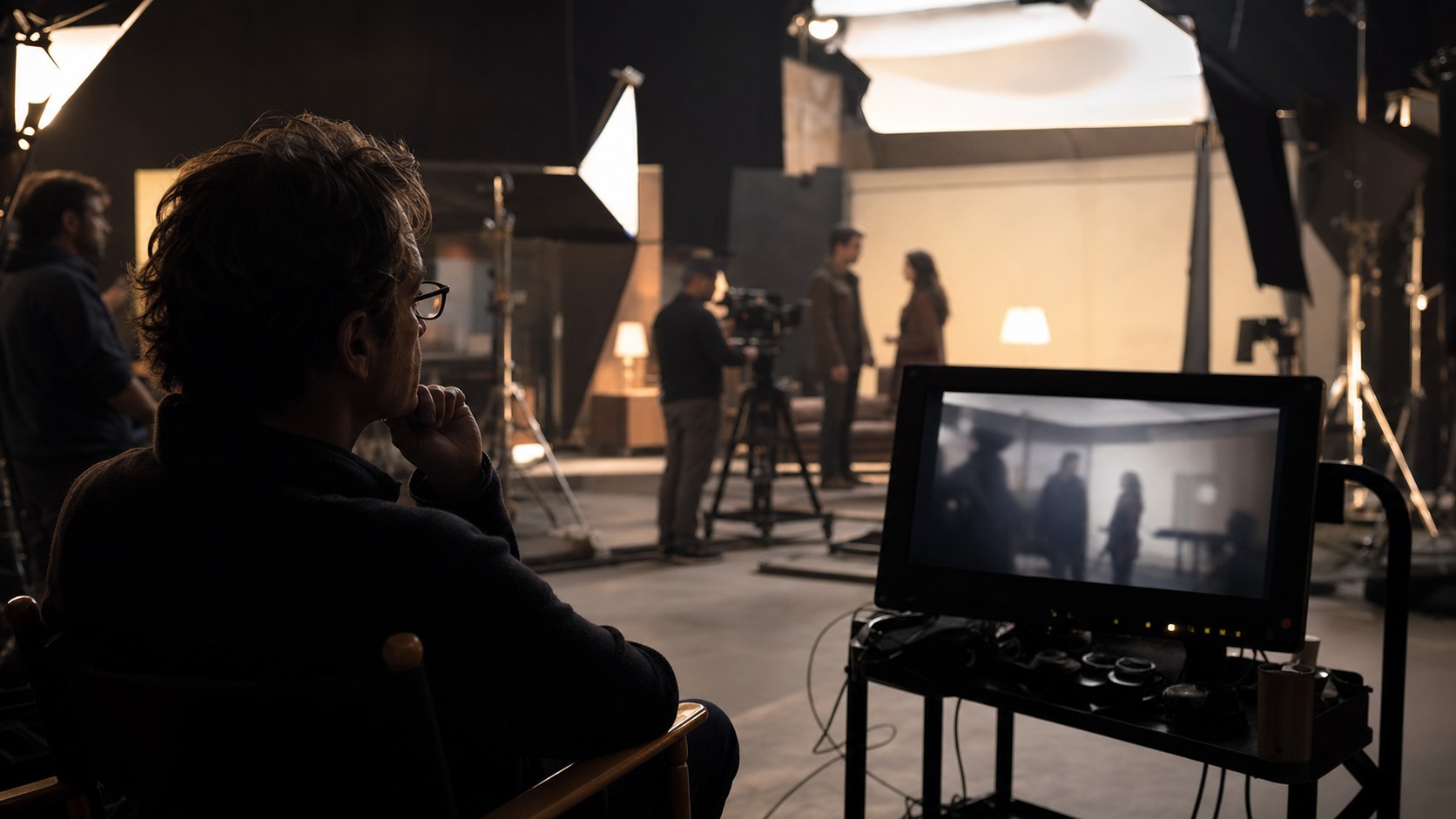 Director on a soundstage watching actors rehearse near a cinema camera and blurred monitor references