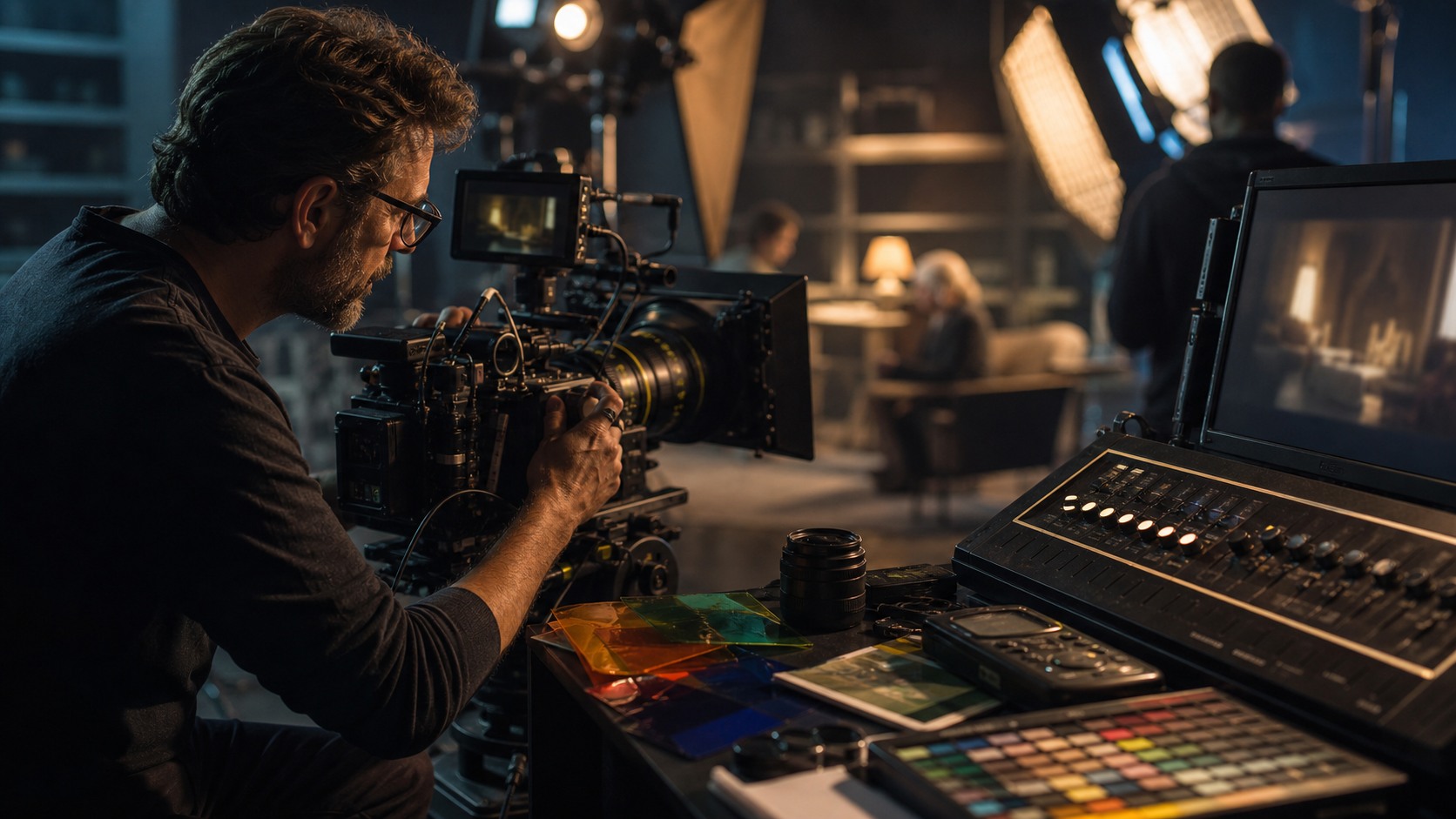 Cinematographer adjusting a cinema camera beside lighting tools and a softly glowing unreadable monitor