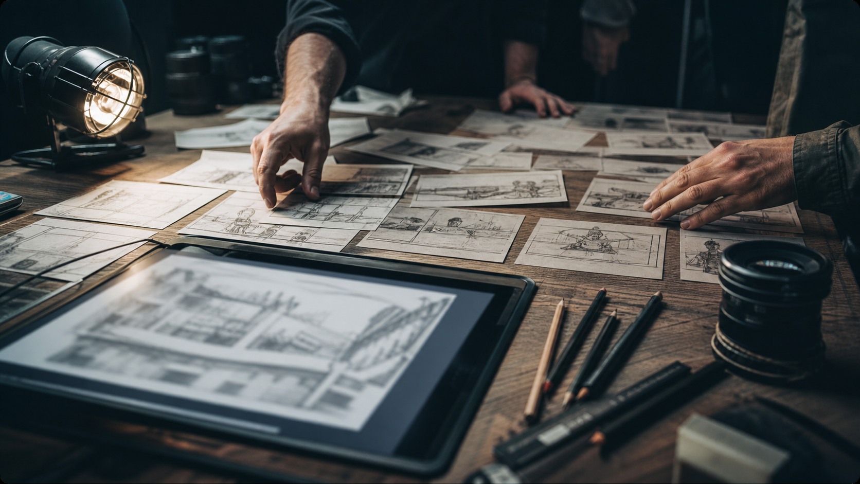 Production table with storyboard panels, drawing tablet, pencils, lens, and filmmakers arranging visual plans