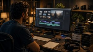 Professional editing suite with blurred timeline interface, studio speakers, hard drives, and color panel