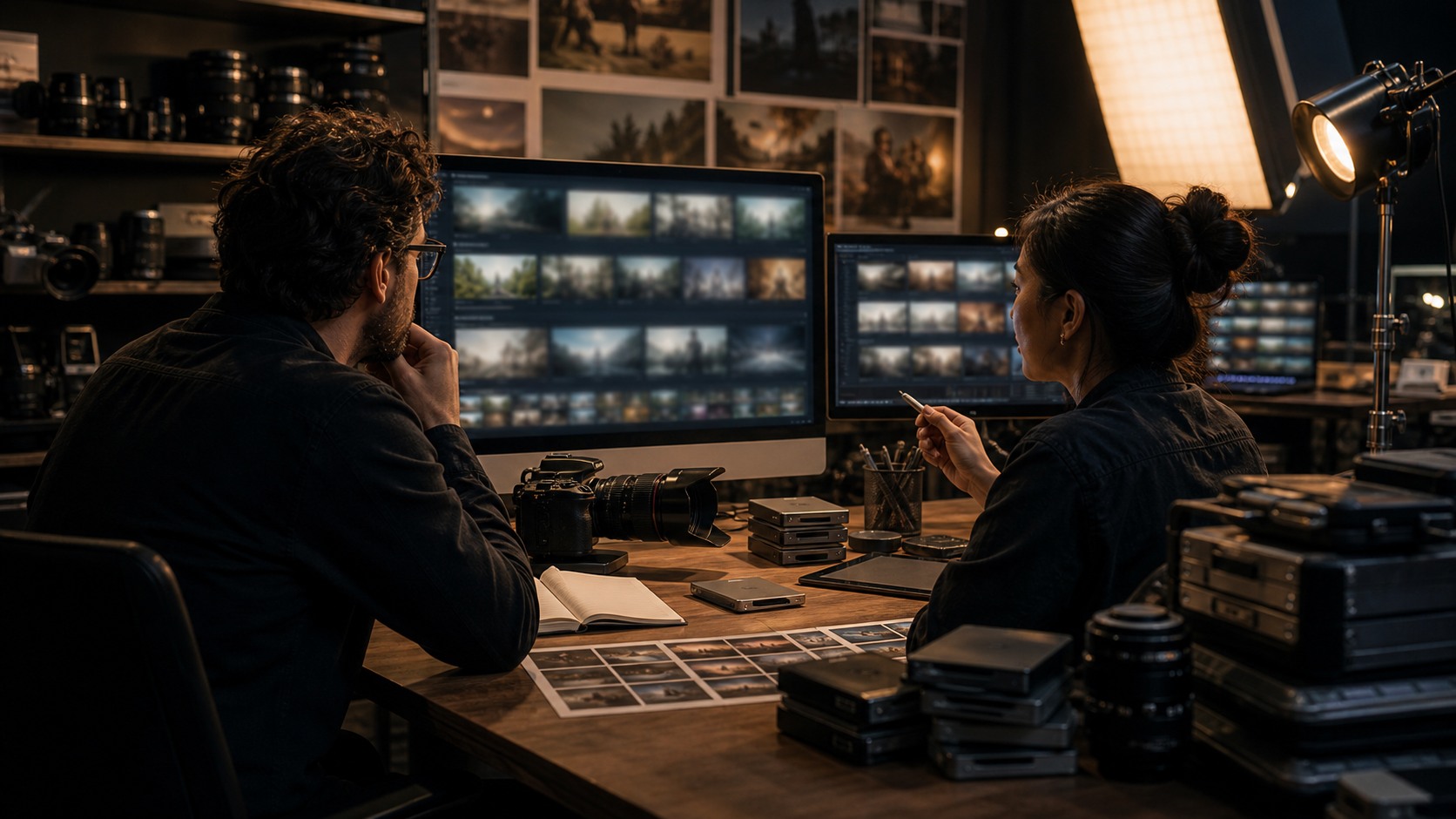 Two editors discussing a cut in a professional post-production suite with blurred footage thumbnails on monitors