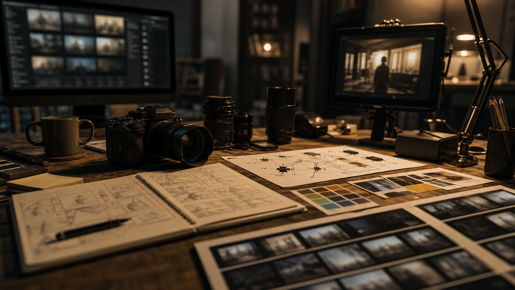 Film production planning table with cinema camera, lenses, color cards, blurred storyboard strip, and warm monitor glow