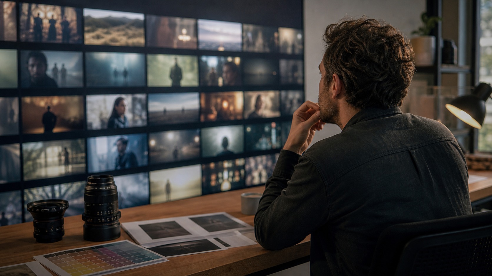 Cozy editing suite with camera lenses and blurred cinematic frame thumbnails on a wall