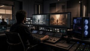 Post-production assistant reviewing blurred footage thumbnails across monitors with hard drives and editing controls