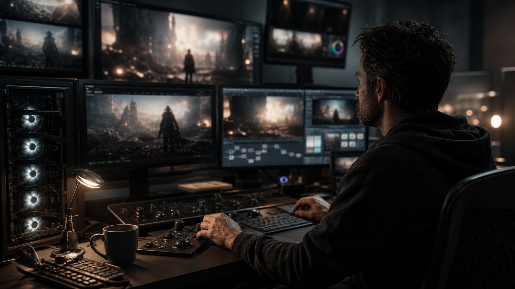 Post-production lab with compositor reviewing blurred before-and-after frames, render workstations, and grading controls