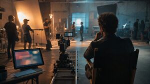 Modern film set with camera rails, crew silhouettes, and soft cinematic production lighting