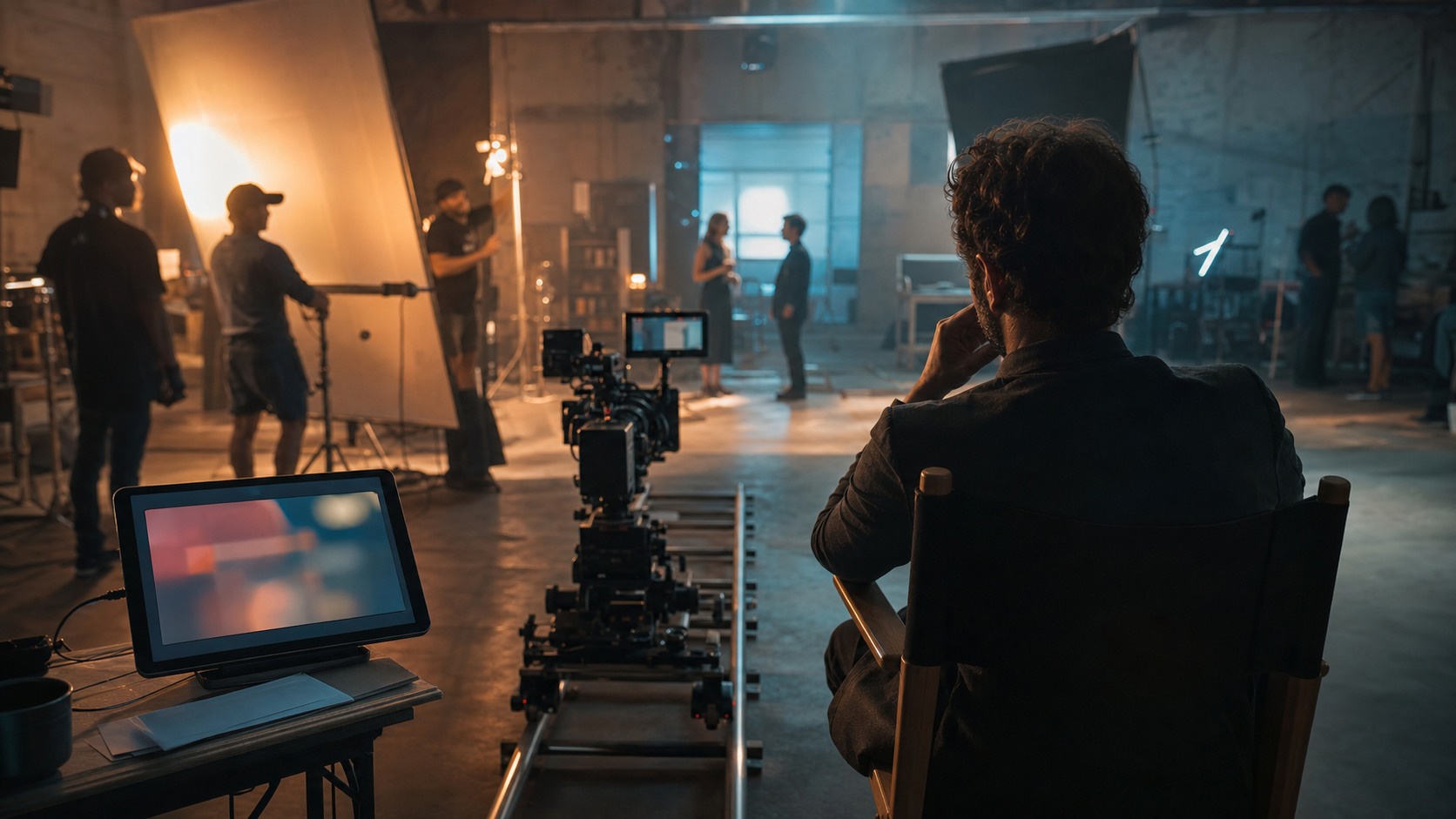Modern film set with camera rails, crew silhouettes, and soft cinematic production lighting