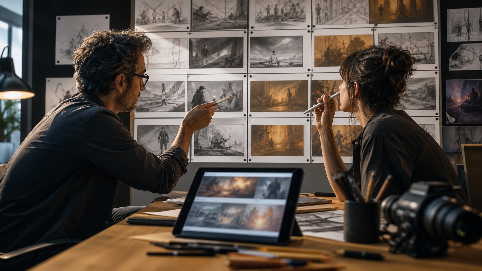 Pre-production studio wall with storyboard panels, tablet references, pencils, and filmmakers reviewing a sequence