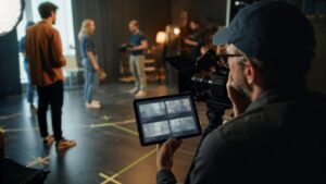 Rehearsal studio with taped floor marks, actors out of focus, director reviewing camera plan, and film lights nearby