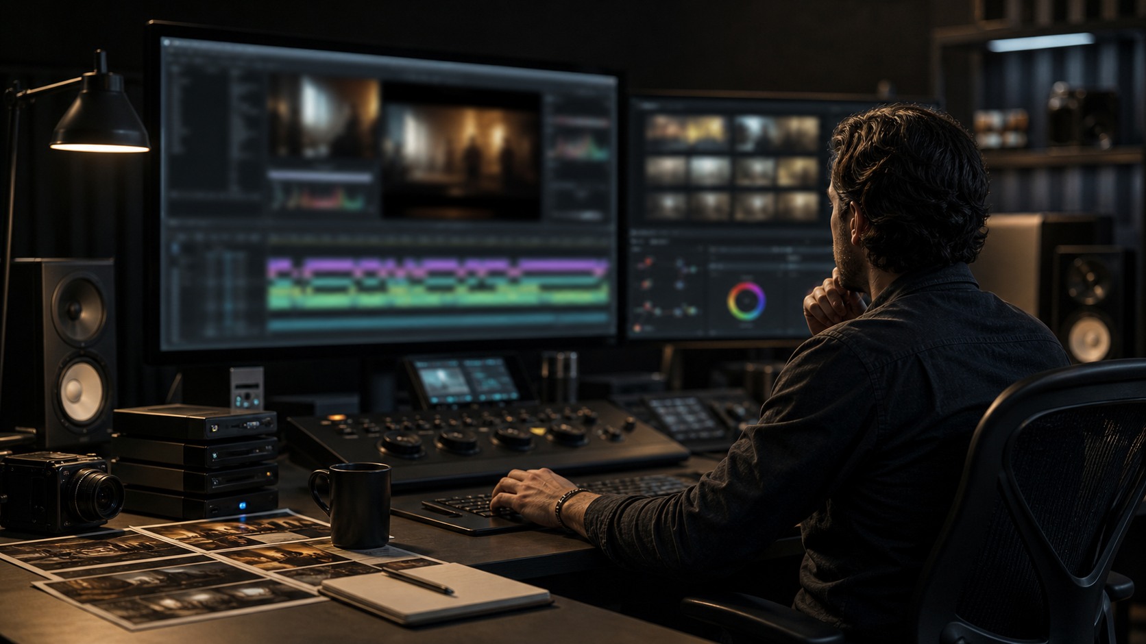 Studio production office with camera equipment, footage drives, and producers reviewing blurred production analytics