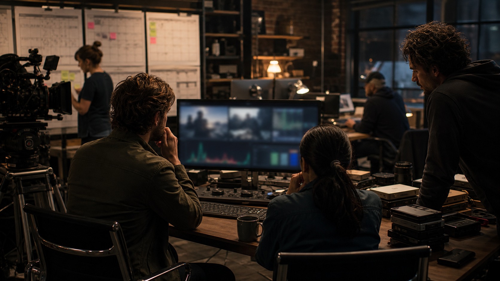 Film production office with camera gear, editing console, footage drives, and crew reviewing blurred visual analytics