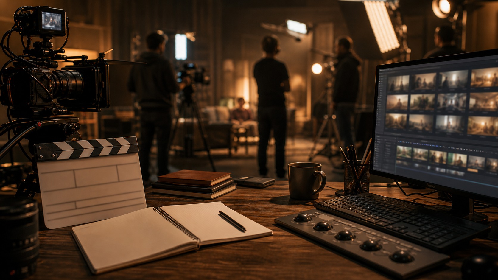 Approachable film production workspace with camera, blank clapperboard, blurred footage thumbnails, and warm studio lighting