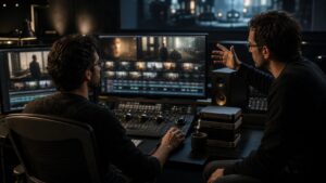 Visual effects artist in a render suite reviewing blurred synthetic scene previews on cinema monitors