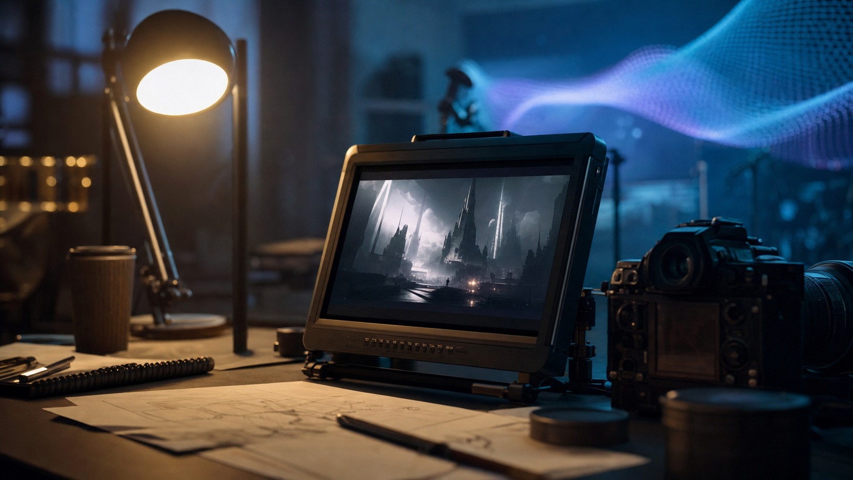 Editorial film production desk with camera gear and soft futuristic studio lighting