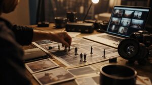 Director prep table with blocking miniatures, viewfinder, lens, and blurred visual references