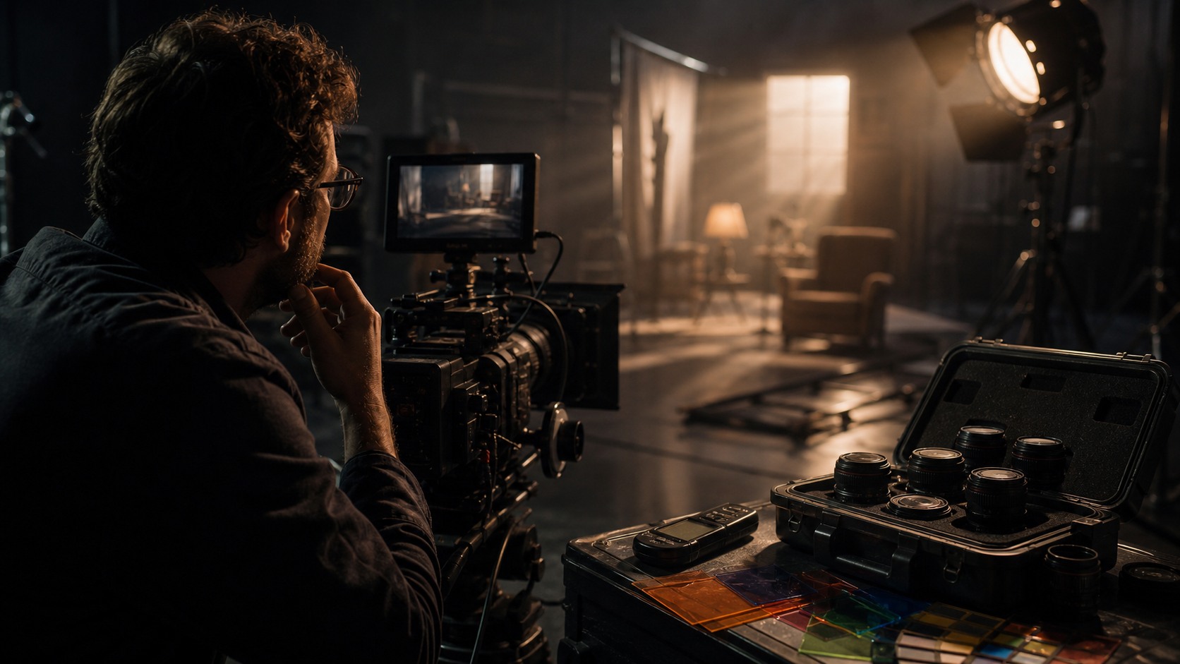 Cinematographer studying a cinema camera setup with lenses, light meter, color gels, and soft soundstage lighting
