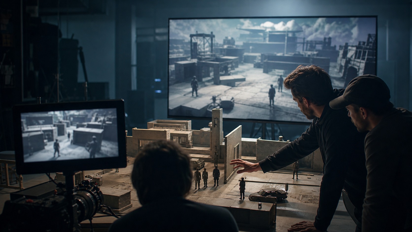 Virtual production planning room with scale model set, viewfinder, and blurred cinematic monitor