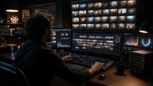 Friendly editing workstation with organized footage drives, headphones, and blurred footage thumbnails