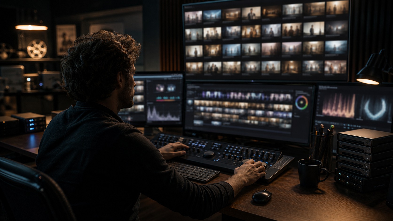Friendly editing workstation with organized footage drives, headphones, and blurred footage thumbnails
