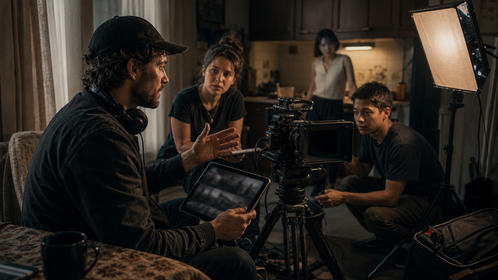 Indie director and small crew in a compact location with camera, portable light, and blurred AI planning frames