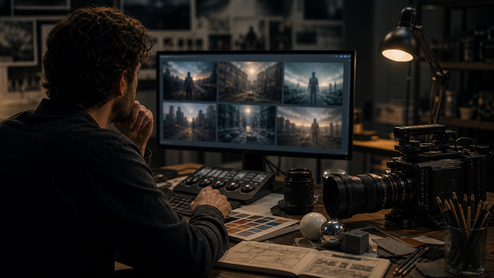 Filmmaker studying generated cinematic frames on a production monitor beside camera lenses and studio lights