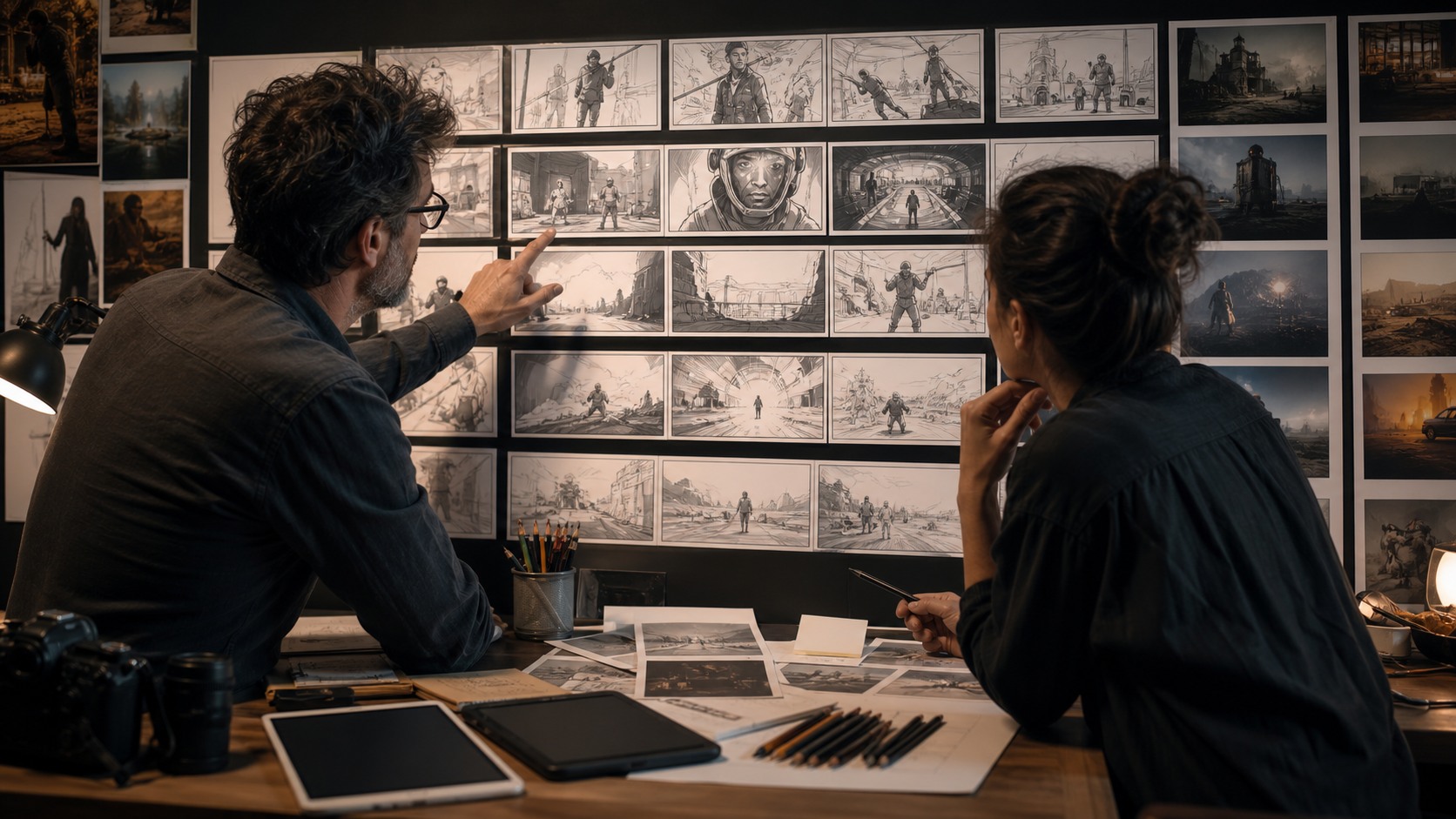 Director and storyboard artist reviewing clean visual storyboard frames and shot thumbnails in a production office