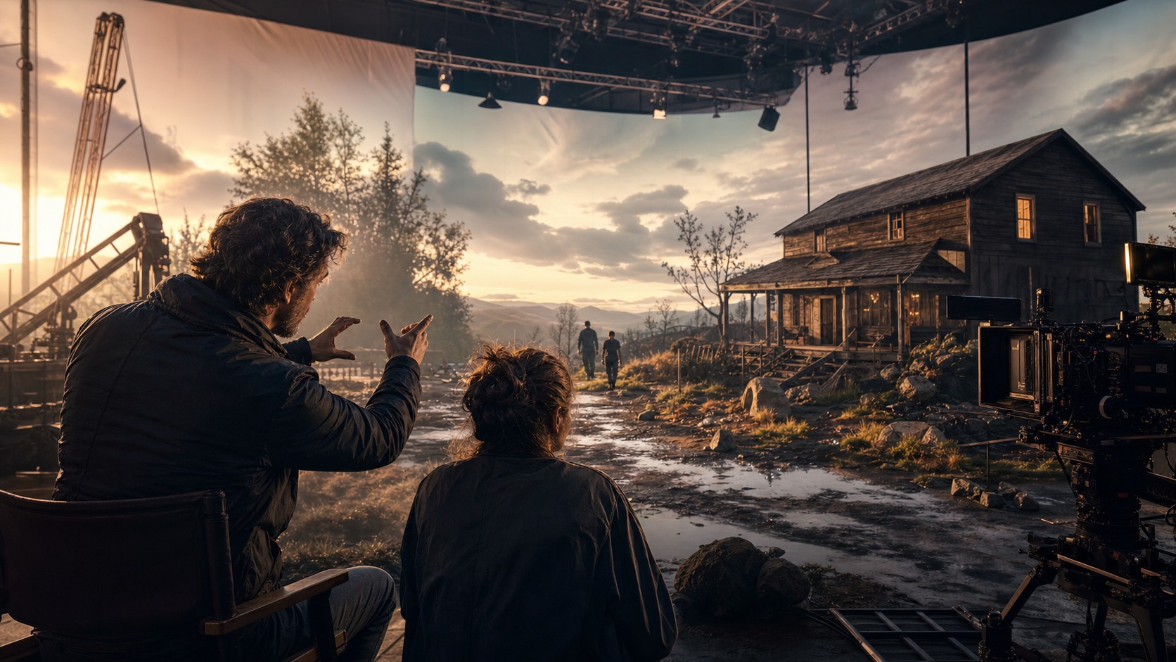 Director and technical artist evaluating a realistic scene generated live around practical set pieces on a film stage