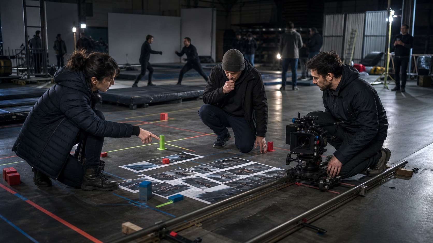 Stunt and camera team mapping an action scene with dolly track, blocking markers, and visual planning frames