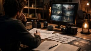 Beginner filmmaker desk with blurred script pages, storyboard thumbnails, camera, monitor with soft scene blocks, and warm studio lights