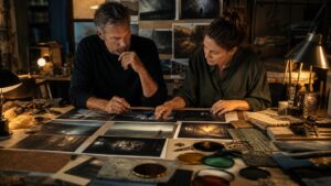 Director and production designer planning cinematic tone with printed mood frames, fabric swatches, lens filters, and practical lighting