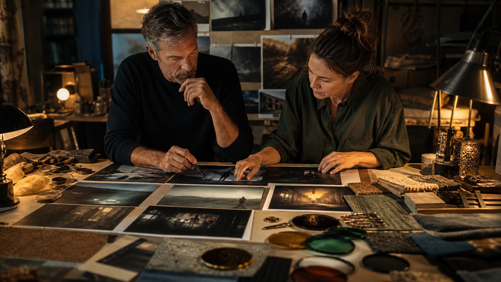 Director and production designer planning cinematic tone with printed mood frames, fabric swatches, lens filters, and practical lighting
