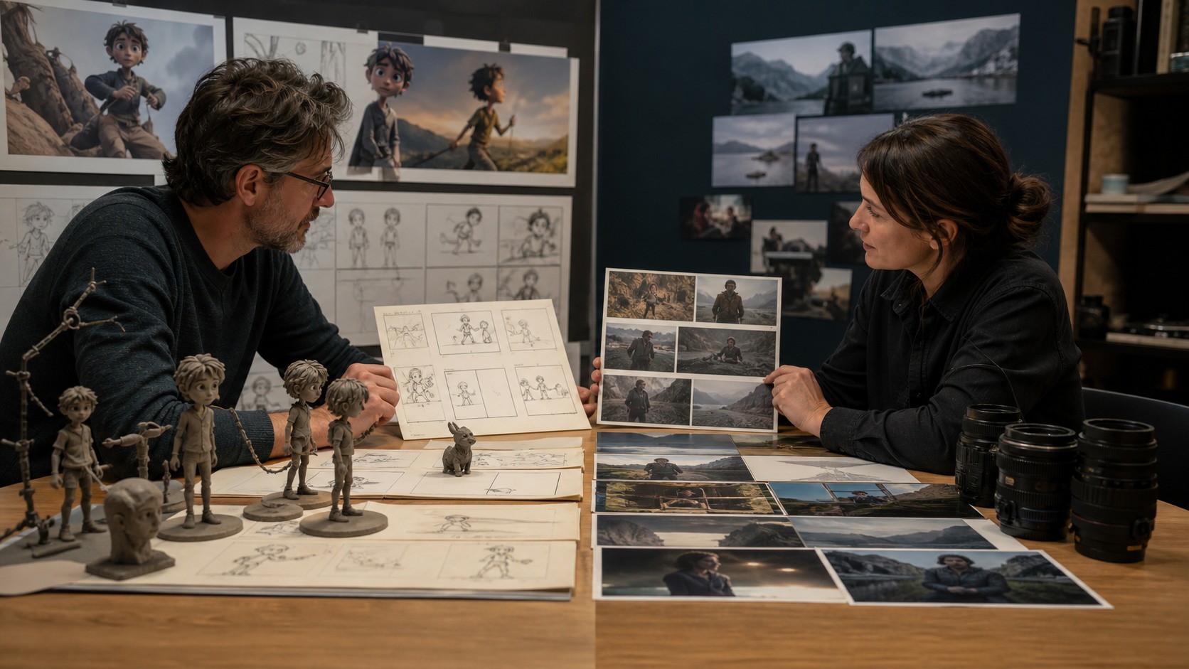 Animation and live-action directors comparing character maquettes, lens references, and visual storyboard frames for the same story beat