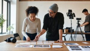 Beginner filmmaker and mentor arranging blank cards and visual frames in a simple workshop with entry-level camera gear