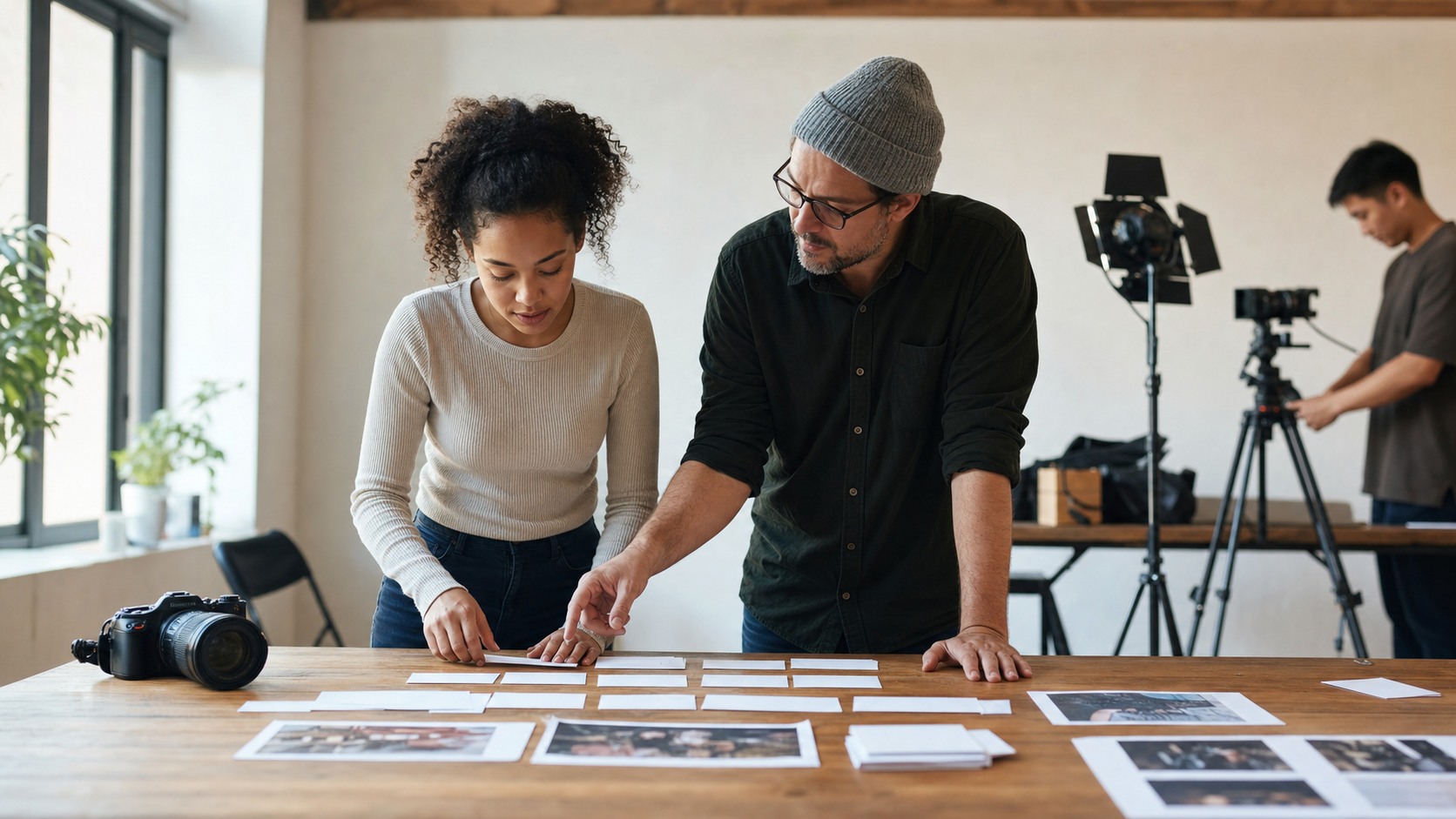 Beginner filmmaker and mentor arranging blank cards and visual frames in a simple workshop with entry-level camera gear