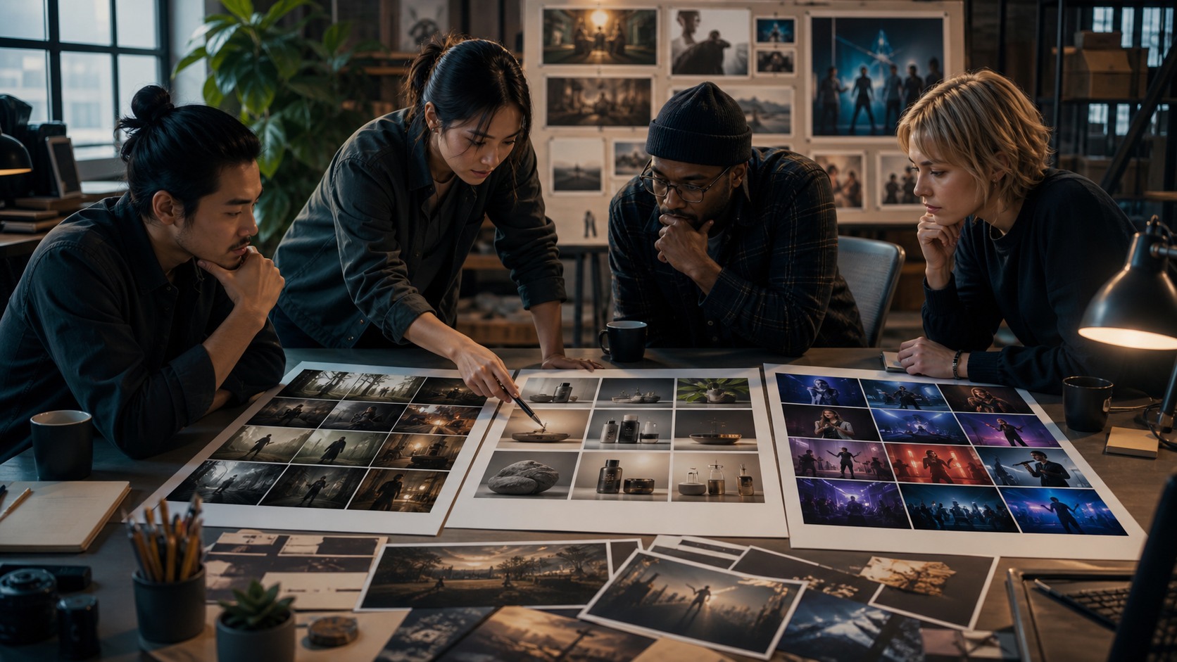 Creative team planning short film, commercial, and music video storyboard sequences across printed visual boards