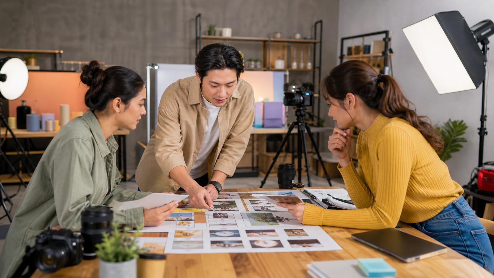 Small creator team planning video shots with printed frames, camera gear, lights, and props in a compact content studio