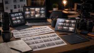 Modern production desk with devices angled away showing blurred panels, storyboard cards, camera lens, stylus, tablet, and organized gear