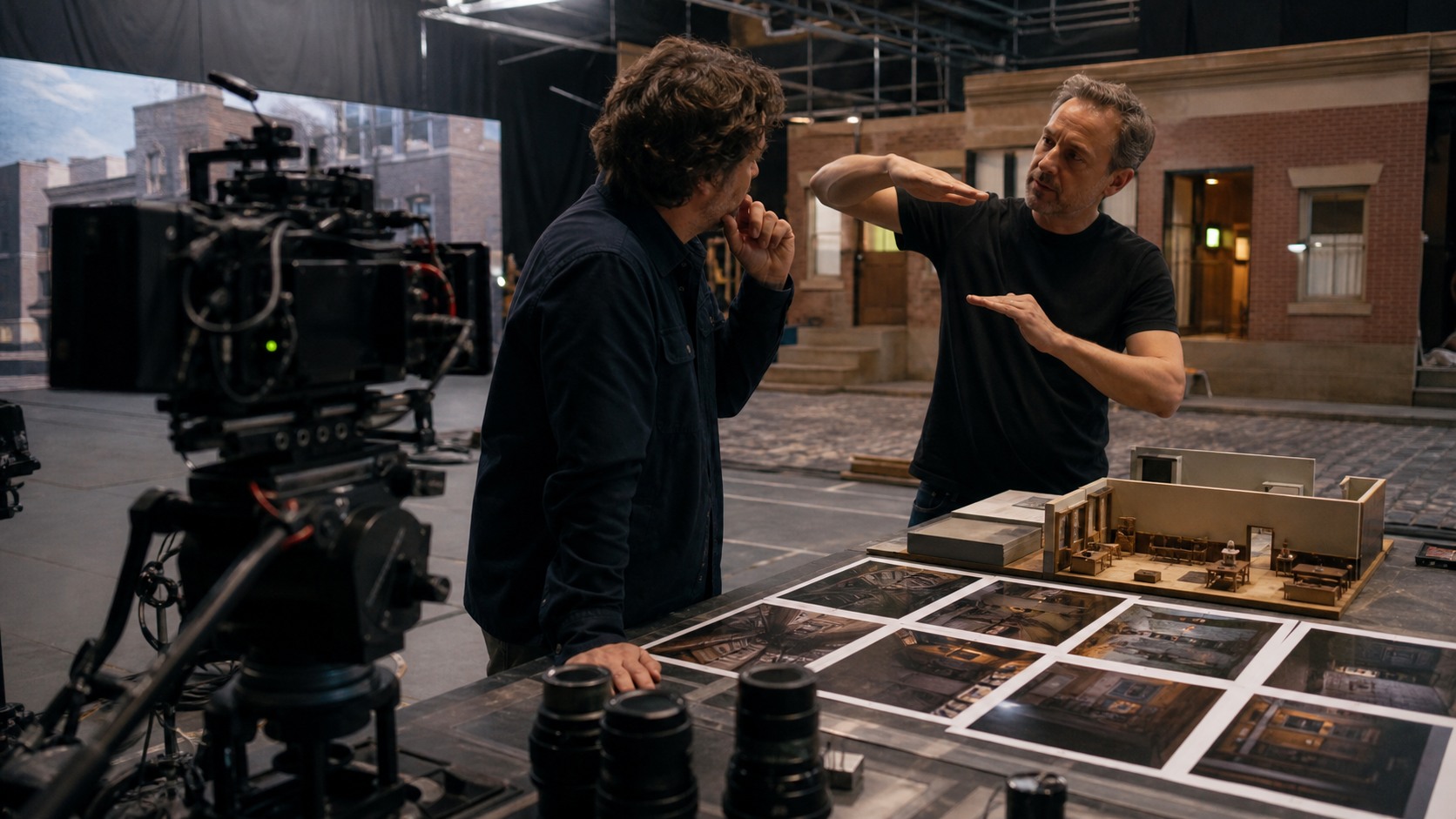 Cinematographer and virtual camera operator planning shot perspective with a camera rig, set model, lenses, and visual frames