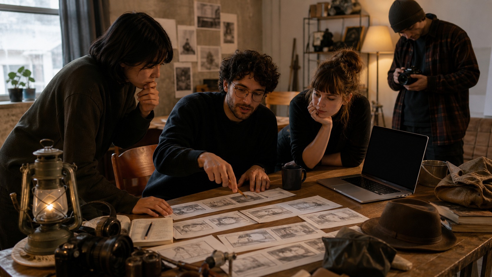Indie director and small crew arranging inexpensive printed storyboard frames with simple camera gear and thrifted props