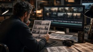 Editing room with printed storyboard panels, blurred sequential frames on monitor, headphones, camera lens, and soft studio light