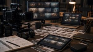 Director prep table with camera, headphones, storyboard cards, tablet and monitor angled away showing blurred planning visuals