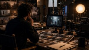 Filmmaker reviewing blurred generative scene ideas beside a cinema camera and practical studio lights