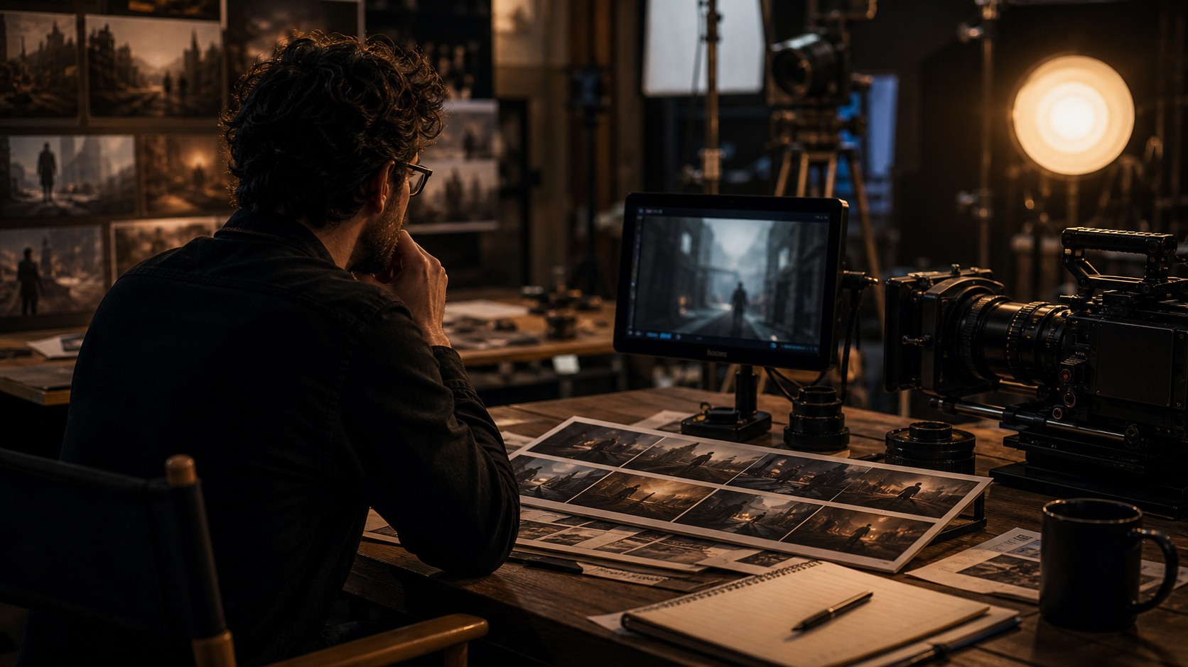 Filmmaker reviewing blurred generative scene ideas beside a cinema camera and practical studio lights