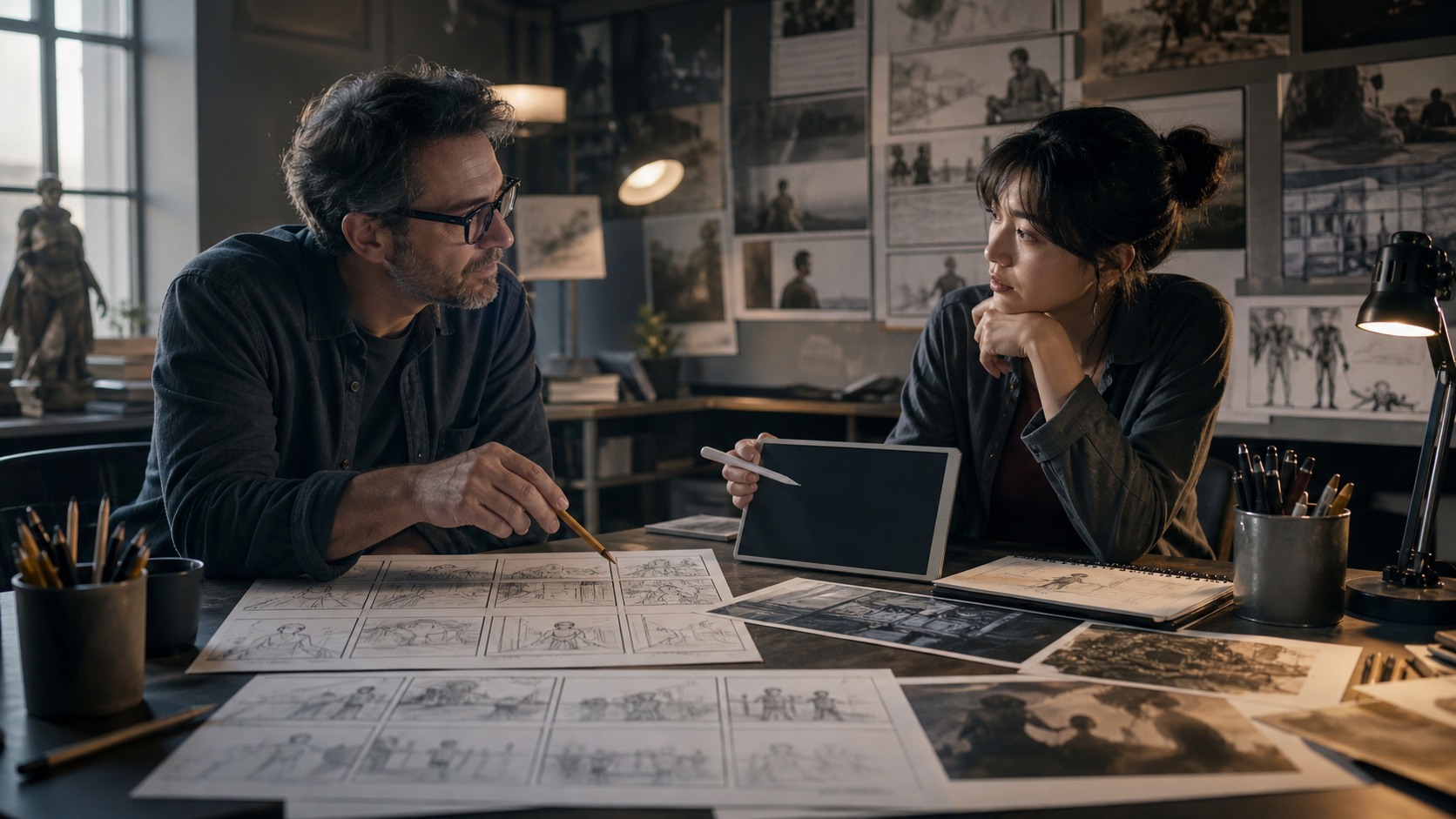 Traditional storyboard artist and director comparing hand-drawn boards with AI-assisted visual references in a respectful studio