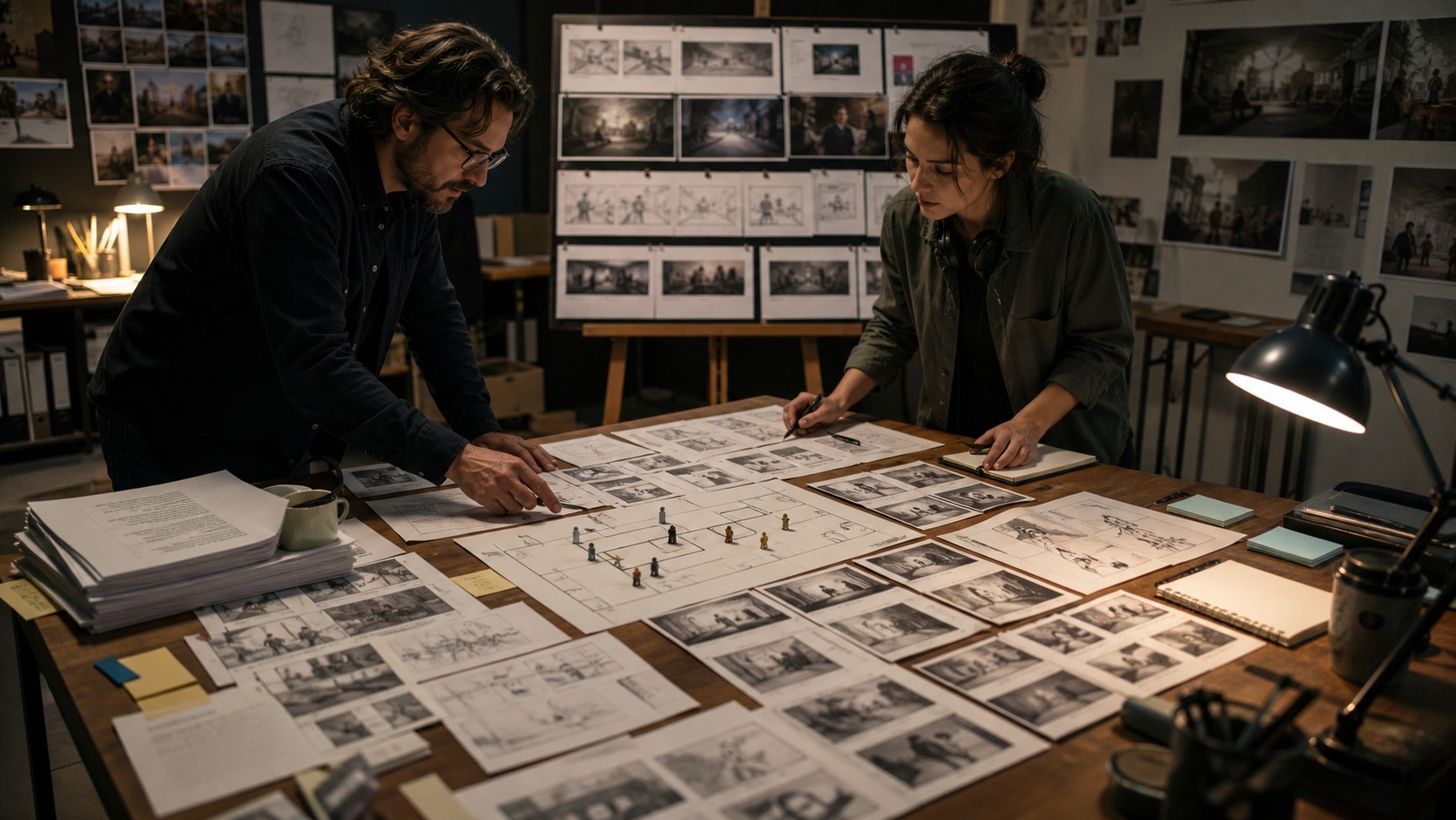 Director and assistant director arranging script pages, shot cards, overhead blocking sketches, and storyboard frames