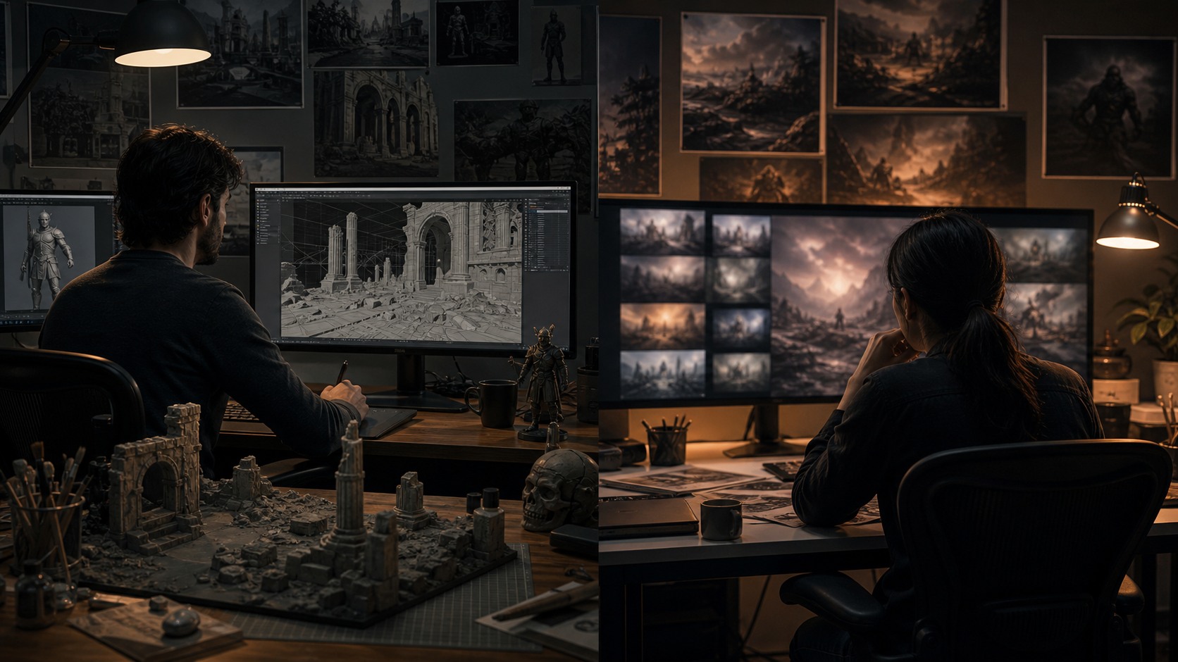 Visual effects workspace with practical 3D tools and blurred generative concept frames in a realistic studio