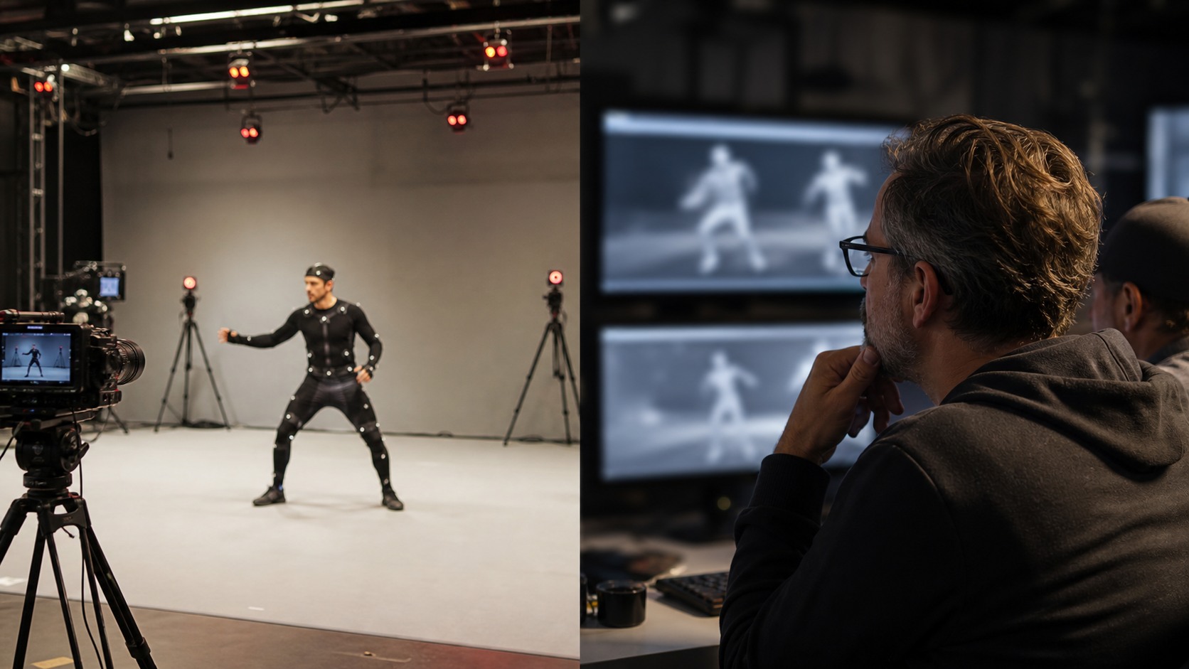 Director comparing a motion capture performer with blurred generated motion references on studio monitors