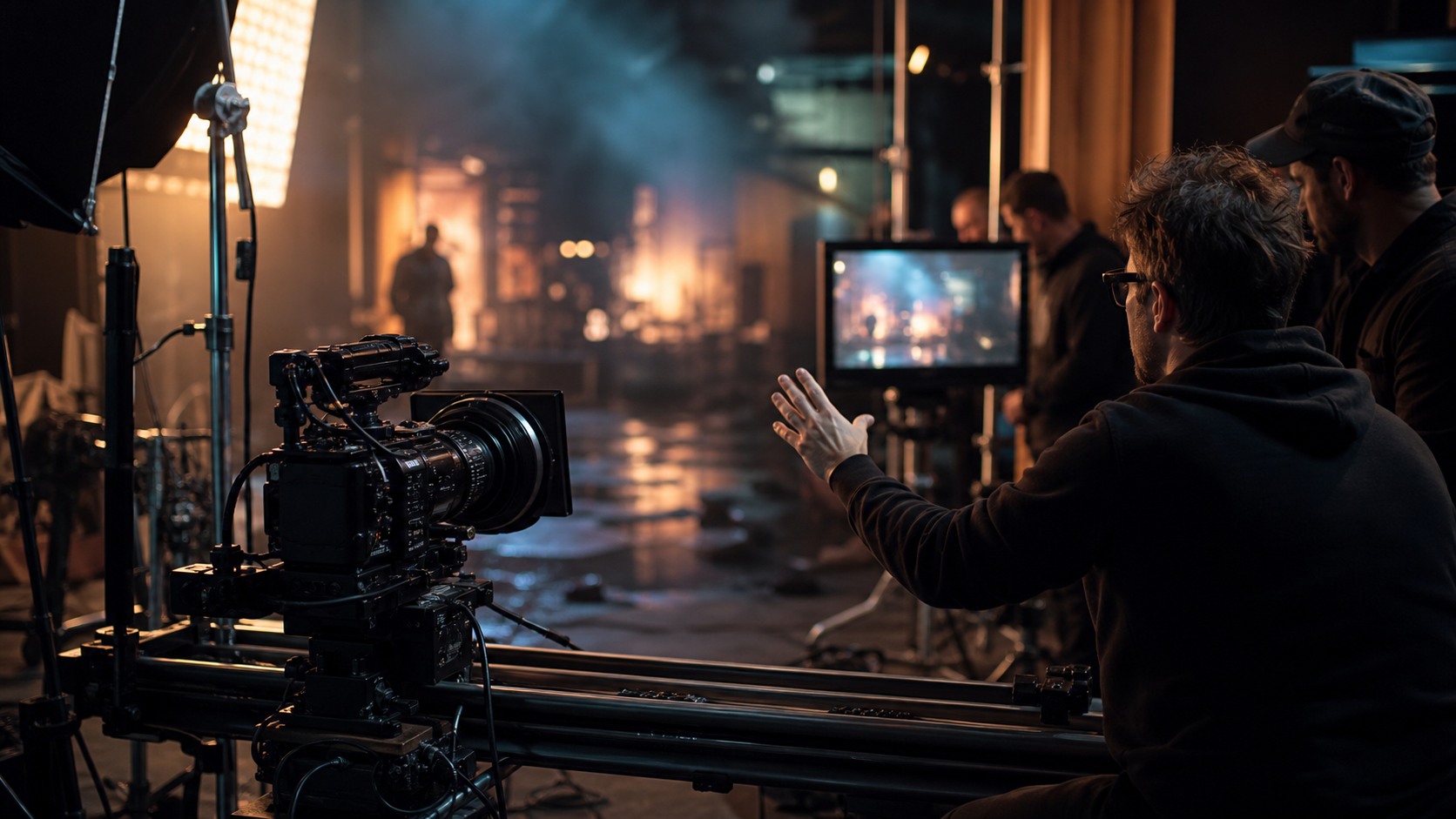 Cinematographer and director beside a cinema camera slider reviewing a softly lit AI-assisted scene
