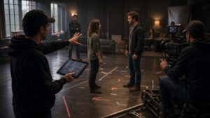 Director rehearsing with actors, camera on dolly track, floor markers, and blurred AI-assisted blocking diagrams