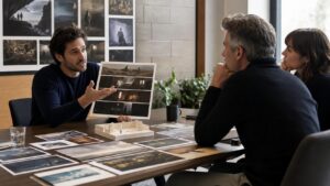 Director presenting printed visual storyboard frames and a simple set model to producers in a film pitch meeting